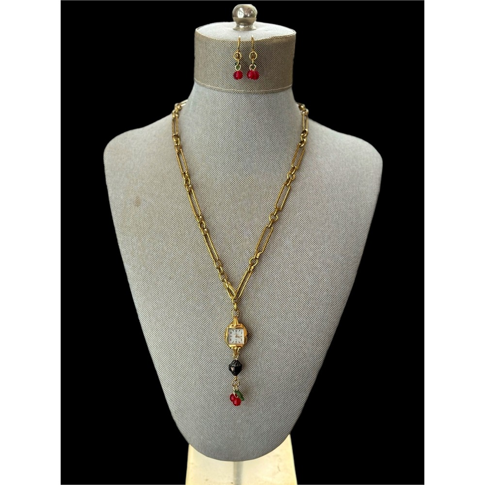 Victorian Raw Brass Necklace‎ w/ Vintage Watch & Cherry Earrings Set - Picture 5 of 7